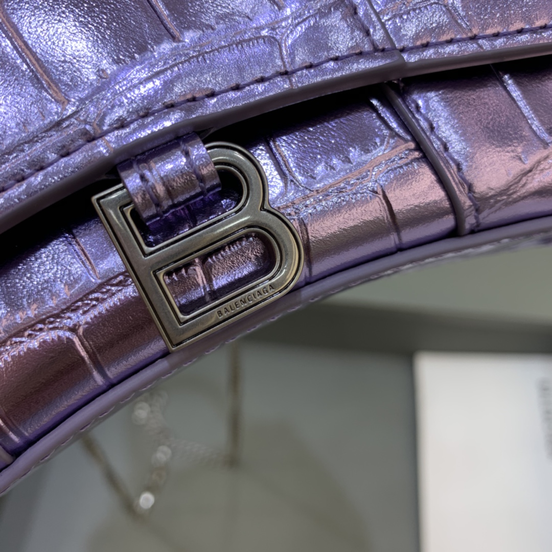 Balenciaga Hourglass Mini Handbag With Chain Crocodile Embossed Shoulder Bag Light Purple